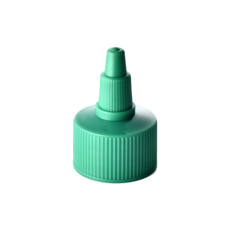 28/410 PP and PE nozzle cap for food and condiment, hair care and personal care packaging, front view with nozzle closed