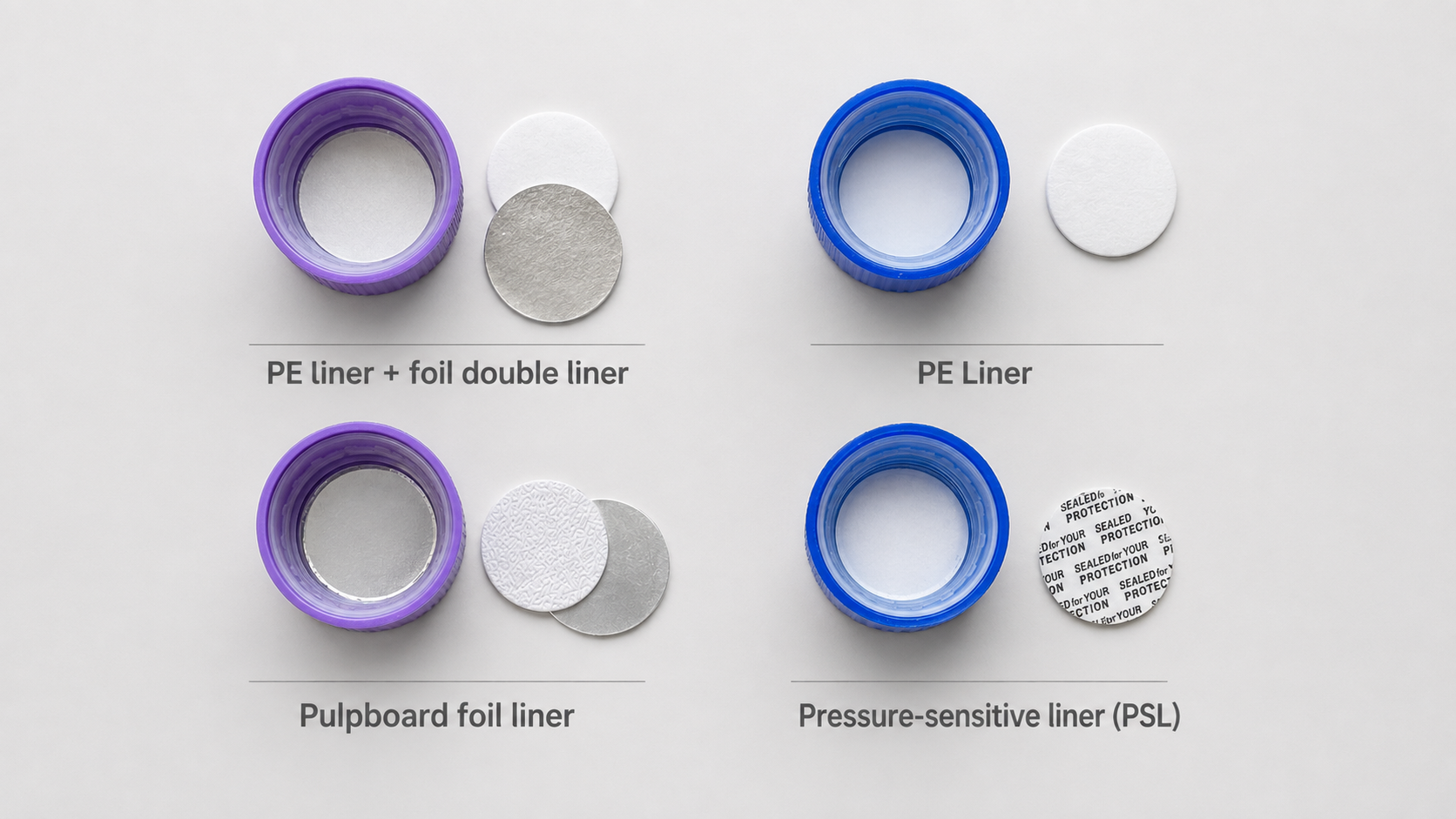Bottle cap liner guide showing PE foam, induction foil and pressure-sensitive liner types