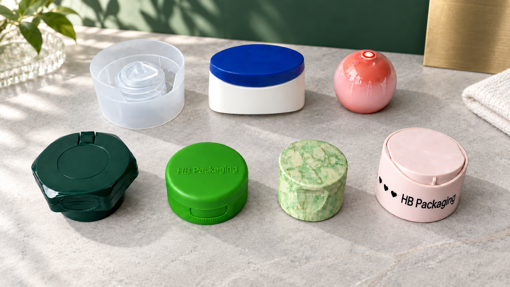 Custom bottle caps in coordinated cosmetic packaging colors
