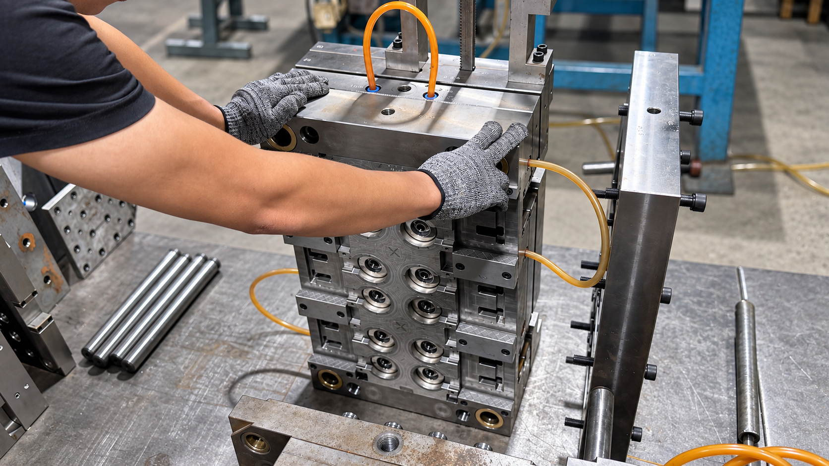 Engineer reviewing a bottle cap mold before sample production