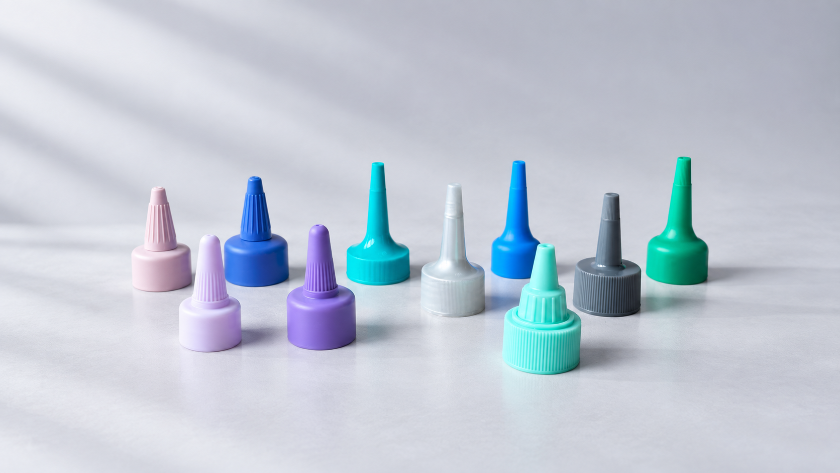 HB Packaging scalp treatment applicator nozzle caps - Full nozzle cap SKU range