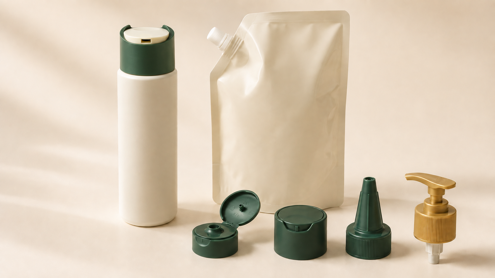 Refillable beauty packaging system with reusable bottle, refill pouch, and dispensing closures