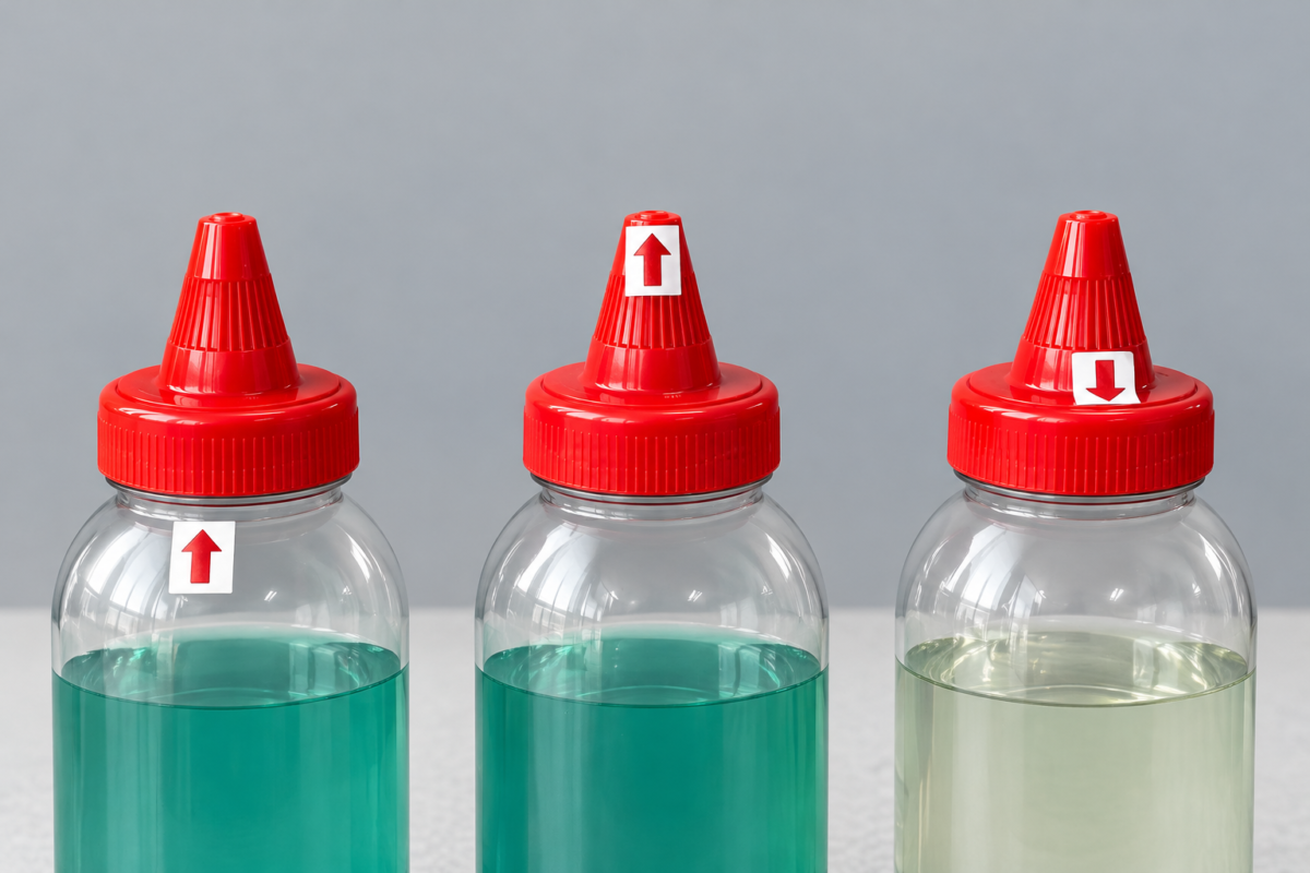 Three nozzle closures showing upward and downward operating directions on filled plastic bottles