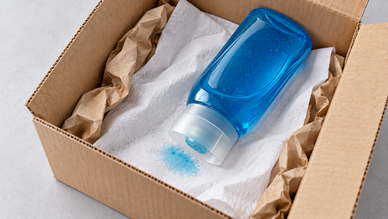 Plastic bottle closure in a staged leaky beauty parcel unboxing