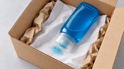 Plastic bottle closure in a staged leaky beauty parcel unboxing