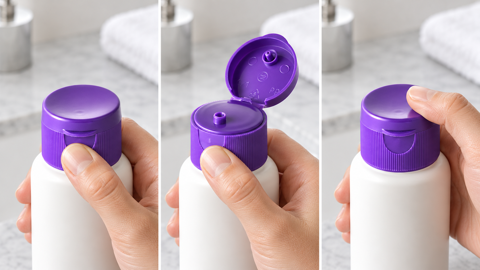 Plastic bottle closures shown through opening and closing steps
