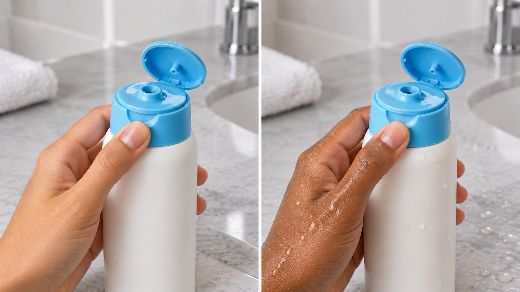 Two users testing plastic bottle closures with dry and damp hands
