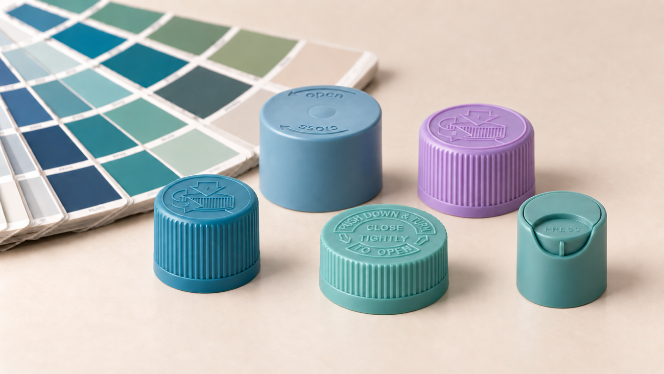 Plastic disc-top, screw and child-resistant caps beside a color swatch fan for Pantone color matching.